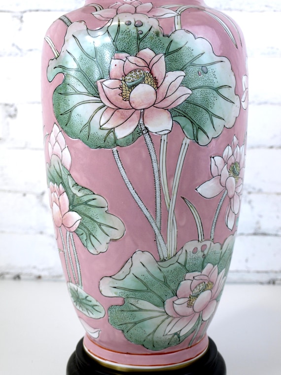ヴィンテージ WBI 中国製大型磁器テーブルランプ、手描きの蓮の花模様 