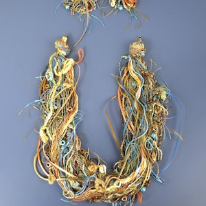 Fabric Art and Bead Necklace with Matching Earrings in Jewelry Display Case - 24" long - Peach and Blue