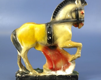 Vintage Chalkware Trojan Horse Statue Carnival Prize - 11" - Large Horse Figurine w/ Mohawk Mane - c 1930's - Good Condition w/ Chips