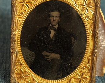 Antique Tintype Photograph of a Young Gentleman in Ornate Embossed Copper Frame - Civil War Era - 3.25" tall x 2.75" wide