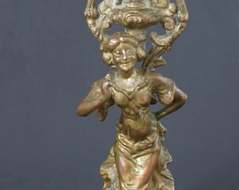 Antique Victorian Candelabra Part, Female Figure w/ Taper Holder, Cast Metal - For Parts or Repair