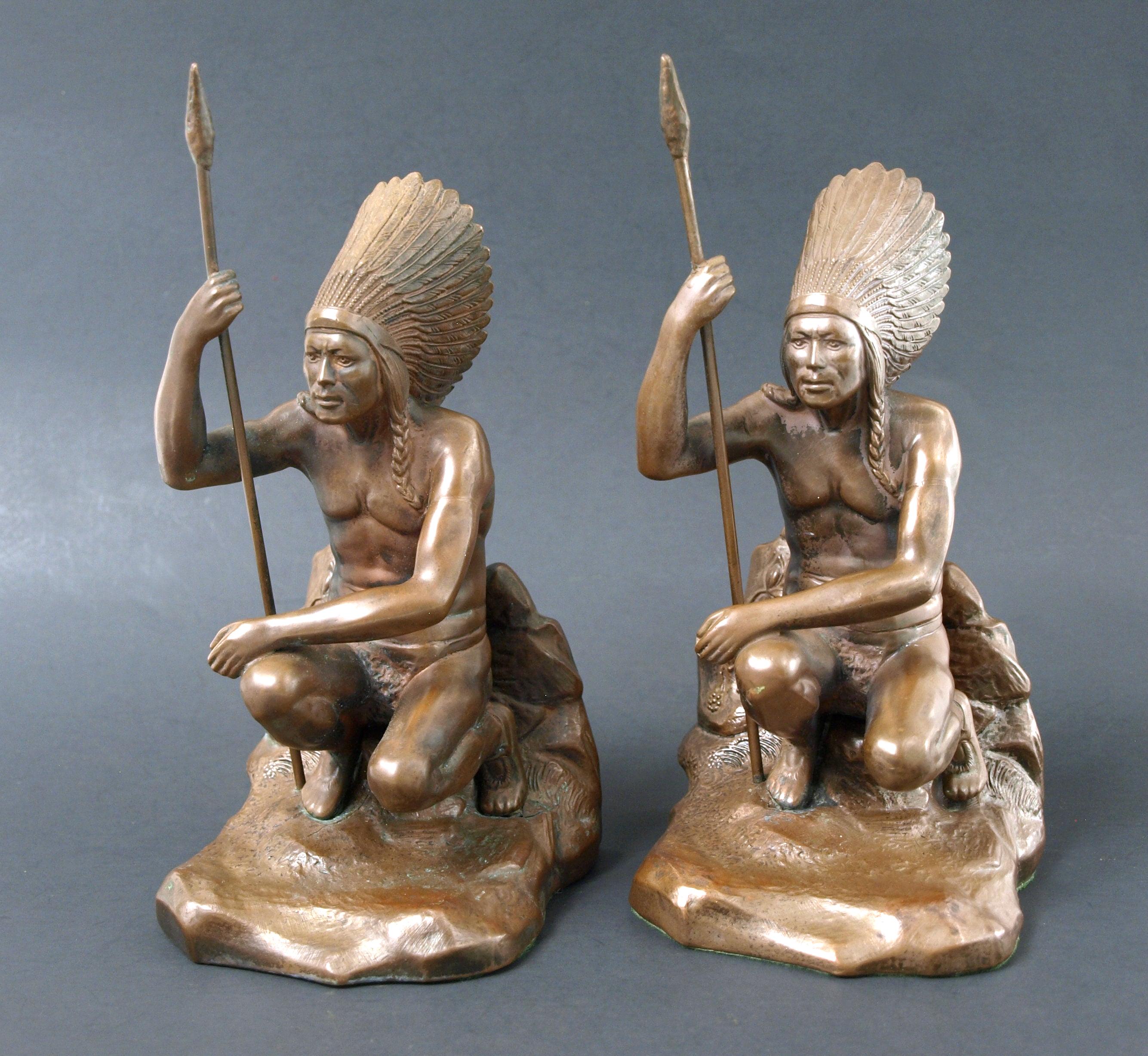 Antique Pair of Jennings Bros. Bronze Indian Chief Bookends