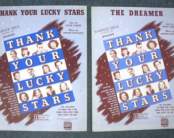 Vintage Sheet Music for Piano, "Thank Your Lucky Stars" and "The Dreamer" - Words / Music by Loesser & Schwartz, C. 1943 - BOTH NEAR MINT!