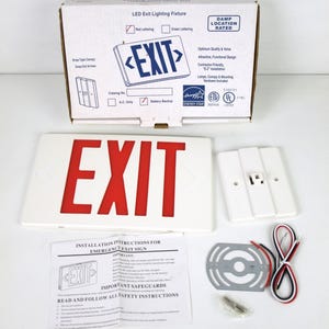 Vintage LED Exit Lighting Fixture, Hardwired w/ Red Lettering & Battery Back-Up - Rated for Damp Locations - New, Old Stock in Original Box