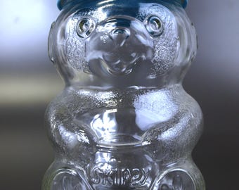 Vintage 1990 Skippy Peanut Butter 100th Anniversary Glass Teddy Bear Jar with Blue Lid