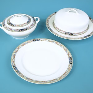 Gold Medal St. Louis Owen China Minerva Serving Dinnerware Set with Round Butter Dish, Sugar Bowl & Bread / Dessert Plate w Rose Pattern