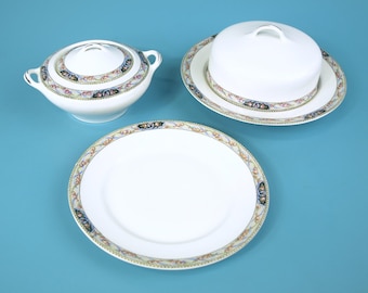 Servizio da tavola Minerva di Owen China, medaglia d'oro St. Louis, con burriera rotonda, zuccheriera e piatto per pane/dessert con decorazione a rose.