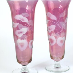 Vintage Ruby Pink Cranberry Matching Trumpet Fluted and Footed Etched Flora Flower Vases