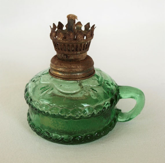 Vintage Green Glass Small Oil Lamp W Loop Handle Made In Hong - Vintage Green Glass Oil Lamps Vintage Green Glass Small Oil Lamp W Loop Handle Made In Hong - Vintage Green Glass Oil Lamps