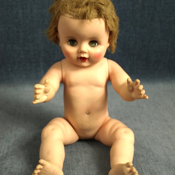 Vintage All Rubber Boy Baby Doll with Blue Sleepy Eyes and Pumping Heart - Articulating Arms, Legs and Head