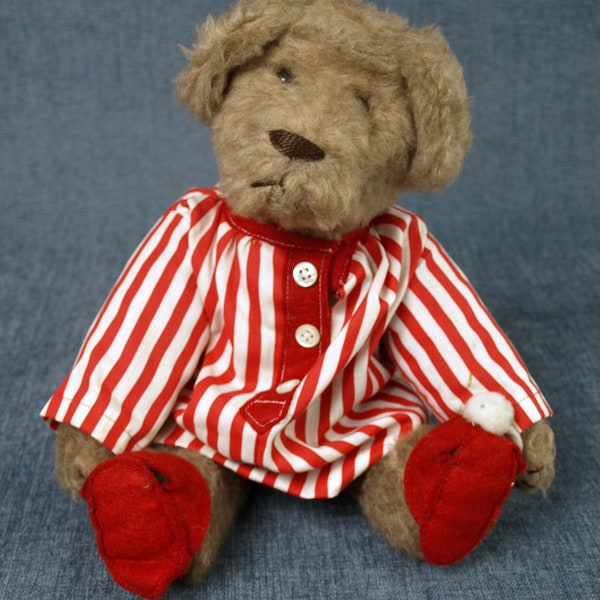 Vintage An Original by Doris King Stuffed Teddy Bear Plush with Red and White Striped Pajamas and Slippers - 13" tall