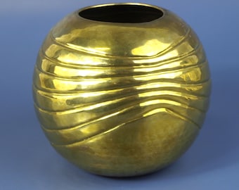Vintage Art Deco Hammered Chevron Ribbed Solid Brass Spherical Vase or Planter 6"