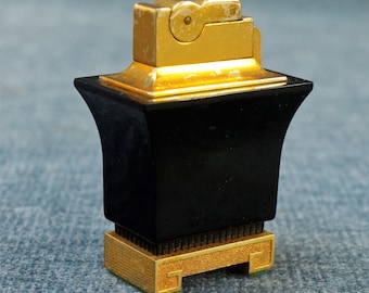 Vintage ASR Table Lighter Hollywood Regency Design with Faux Black Onyx Case and Goldtone Hardware - USA Midcentury Pagoda Greek Key Decor