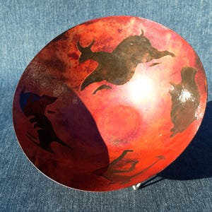 Vintage Barbara Culp Enameled Copper Bowl, 11 Inch diameter, Signed Modern Primitive