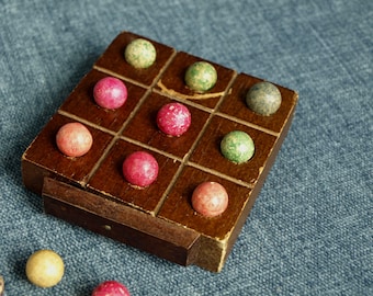 Antique Wooden / Wood Tic Tac Toe Board Game with Clay Marbles - Complete