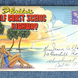 Florida's Rubber Coast Malerische Landstraße 1942 Ausklappbare Postkarten Mappe von Curt Tech Co Souvenir mit Thomas Schmefferson 3 cent Stempel