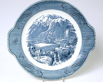 Vintage Currier & Ives Blue "The Rocky Mountains" Handled Cake Plate, made by Royal - Mid Century Collectibles - Dining and Serving Plates