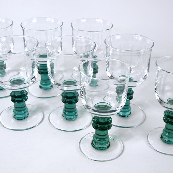 Eight Vintage Crystal Glasses - 6 Large 2 Medium - Aqua Green Pedestal Stem - Unmarked - Superb Condition