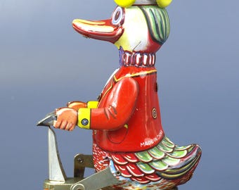 Vintage Wind-Up Tin Litho Circus Duck on a Trike Toy made in China - Works