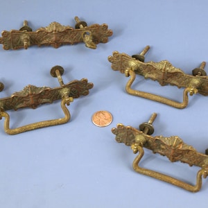 Antique Early Bronze Green Man Cabinet Pulls circa Art Nouveau Era Lot of 4 Reclaimed Hardware with Mustached Face