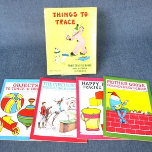 The Platt & Munk Co 1927 Things to Trace Vintage Four Kids Activity Tracing / Drawing Books - Mother Goose, The Circus, Happy Hour, Objects