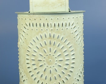 Vintage Designers of Crazy Mountain Punched Tin Candle Holder Lantern - Brushed Cream Color - circa 1999 - Great Cond Missing Glass Panel