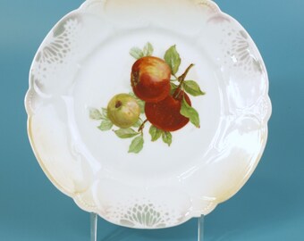 Vintage Schumann Bavaria German Porcelain 8.5" Plate Hand-Painted Apple Orchard Design with Scalloped Reticulated Edges