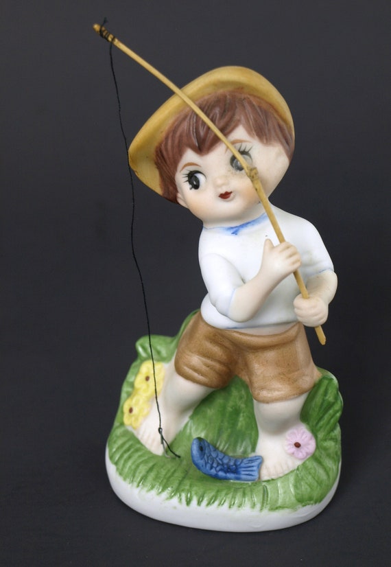 Vintage Mid Century Porcelain Bisque Figurine of a Young Boy With Fishing  Pole Made in Korea, Circa 1960's Excellent Condition 