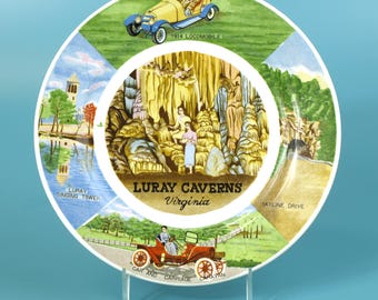 Vintage Luray Caverns Virginia Souvenir Plate Wall Decor with Skyline Drive, Singing Tower & Locomobile