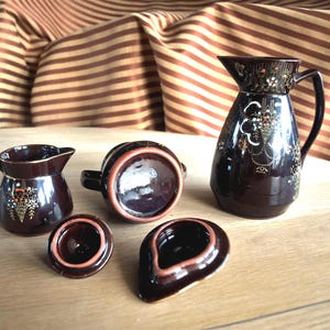 Vintage Japan Redware Brown Moriage 3 Piece Tea and Coffee Set – Teapot, Creamer, Sugar Bowl