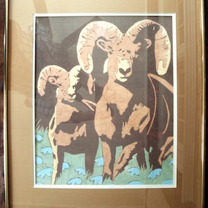 Batik Print on Cotton by Walt Carlson ‘Big Horn’ – Limited Edition Animal Nature Art  Ram 37/100 – 1978 – 26 x 22 inches  Matted and Framed