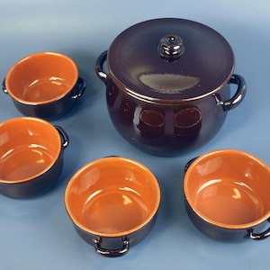 Vintage Piral Albisola Terrakotta Bönkruka med 4 Soppskålar Italienskt Stengods cirka 1960-talet Tillverkad i Italien Brun Glasyr Keramik