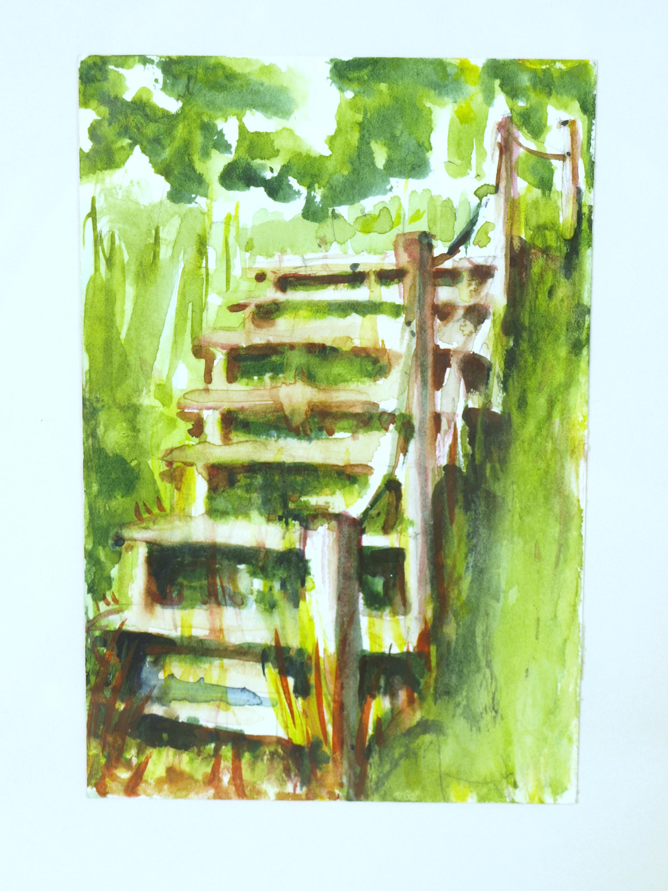 オリジナル風景水彩画、ガラス額入り - 署名なし - 画像サイズ