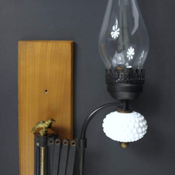 Vintage Early American Wall Light Sconce with Extendable Scissor Accordion Swing Arm - Hobnail Milk Glass, Hurricane & Bald Eagle Finial