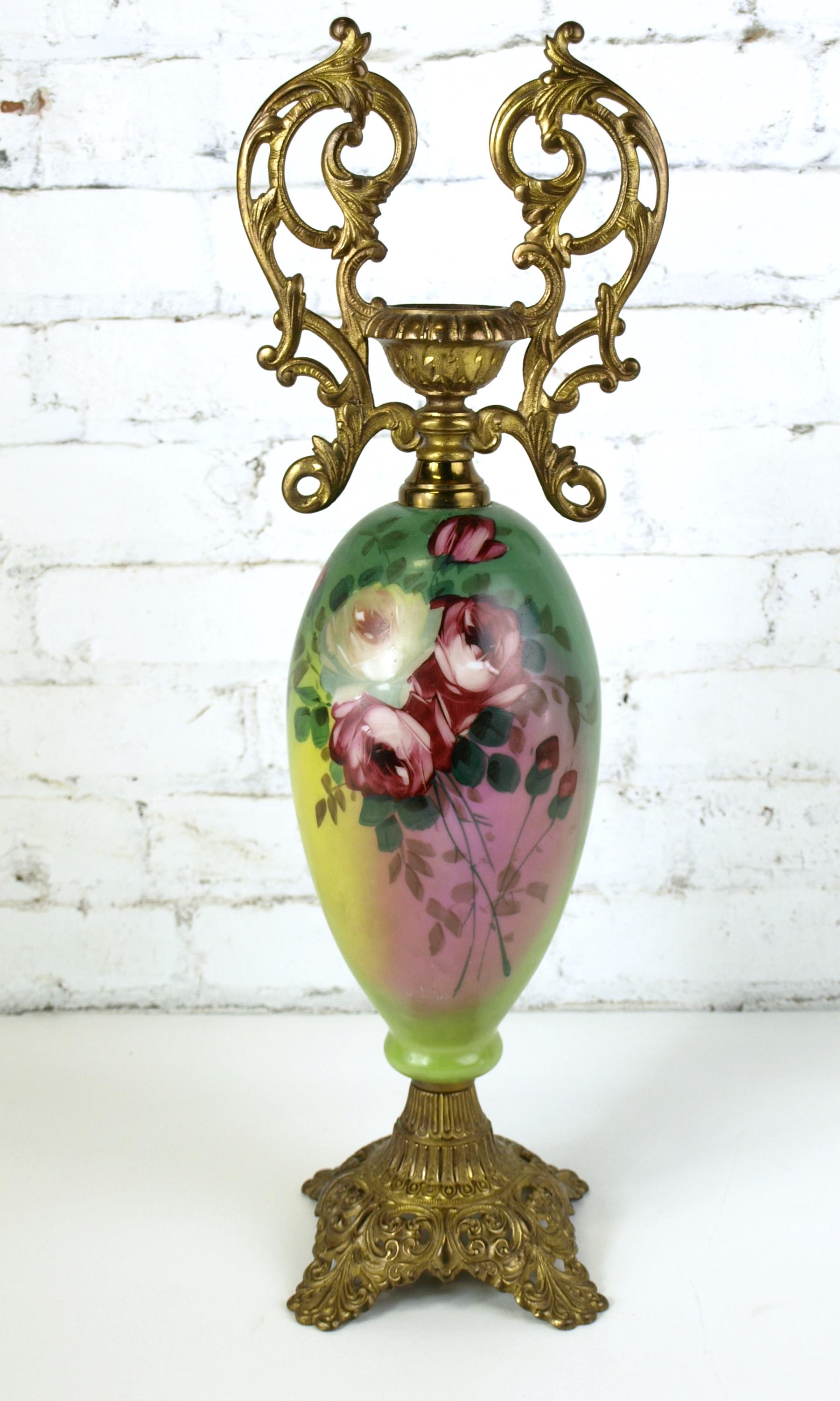 アンティーク アールヌーボー 手描きガラス水差し、真鍮塗装金属台座