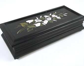 Antique 19th Century Italian Pietra Dura Hinged Rectangle Glove / Jewelry Box - Ebony Wood w/ Inlaid Marble Stone - Florentine Dresser Box