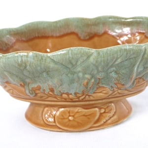 Vintage Floral Lily Pad Dripware Pottery Pedestal Oval Planter in Orange and Sage Green 8.25" wide - Drip Glaze Stoneware