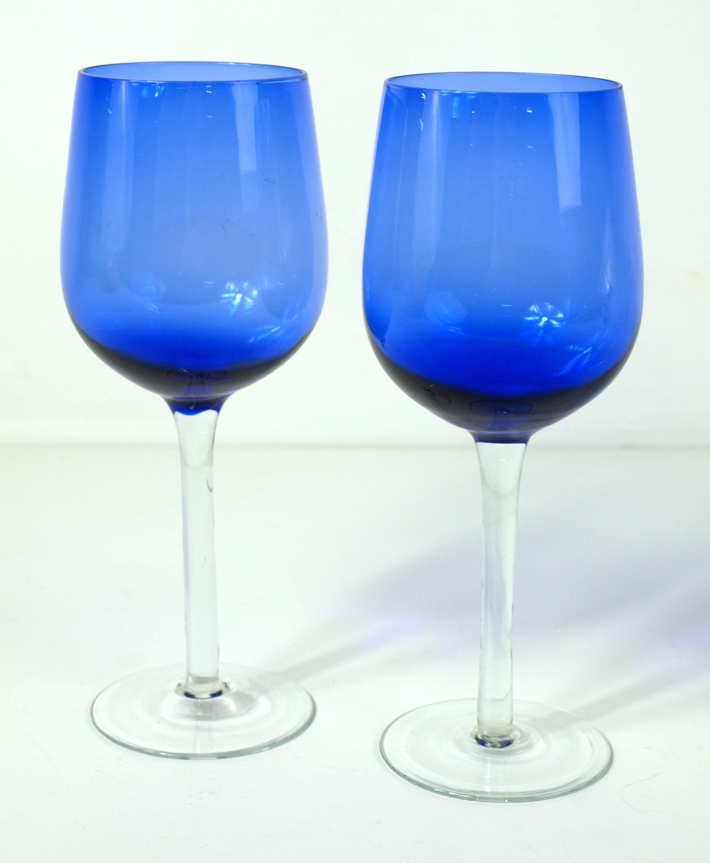Vintage Cobalt Blue Wine Stems, Blown Glass - Set of 2 - 8.5" Tall - 8 Fluid Ounce capacity - Good+ condition
