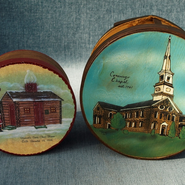 Hand Painted Round Wood Cheese Boxes depicting Conewago Chapel Church and Hanover PA Santa Claus House signed Jill Dehoff Folk Art