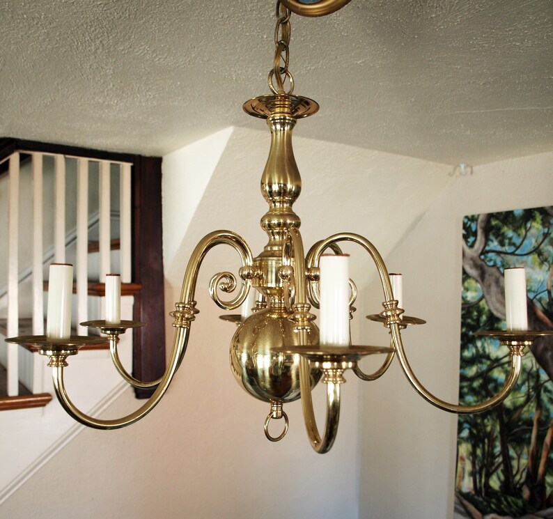 Vintage Dutch Flemish Brass 6 Arm Incandescent Chandelier