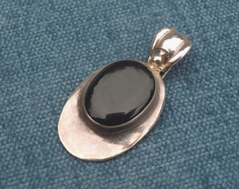 Vintage Faux Black Onyx in Silver Finish Pendant - 2" tall x 1" wide