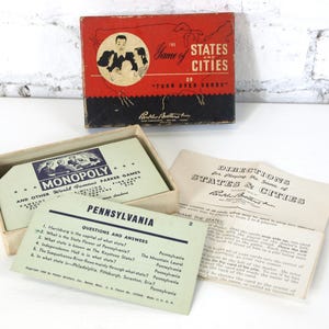 The Game of States and Cities of Turn Over-kaarten door Parker Brothers Inc., vintage flashkaartspel circa 1947, halverwege de eeuw - compleet - goed+