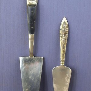 Vintage Siam Beng HWA Brass Cake / Pie Servers with Embossed Buddha and Ebony Wood Handle - Set of 2 Small and Large