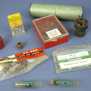 Vintage Radio / Electronic Repair Parts –Disc Hi-Kaps, AS-443 Two Contact Plugs and Sockets, Rivets, Transistors, Capacitors, and Cord Plug