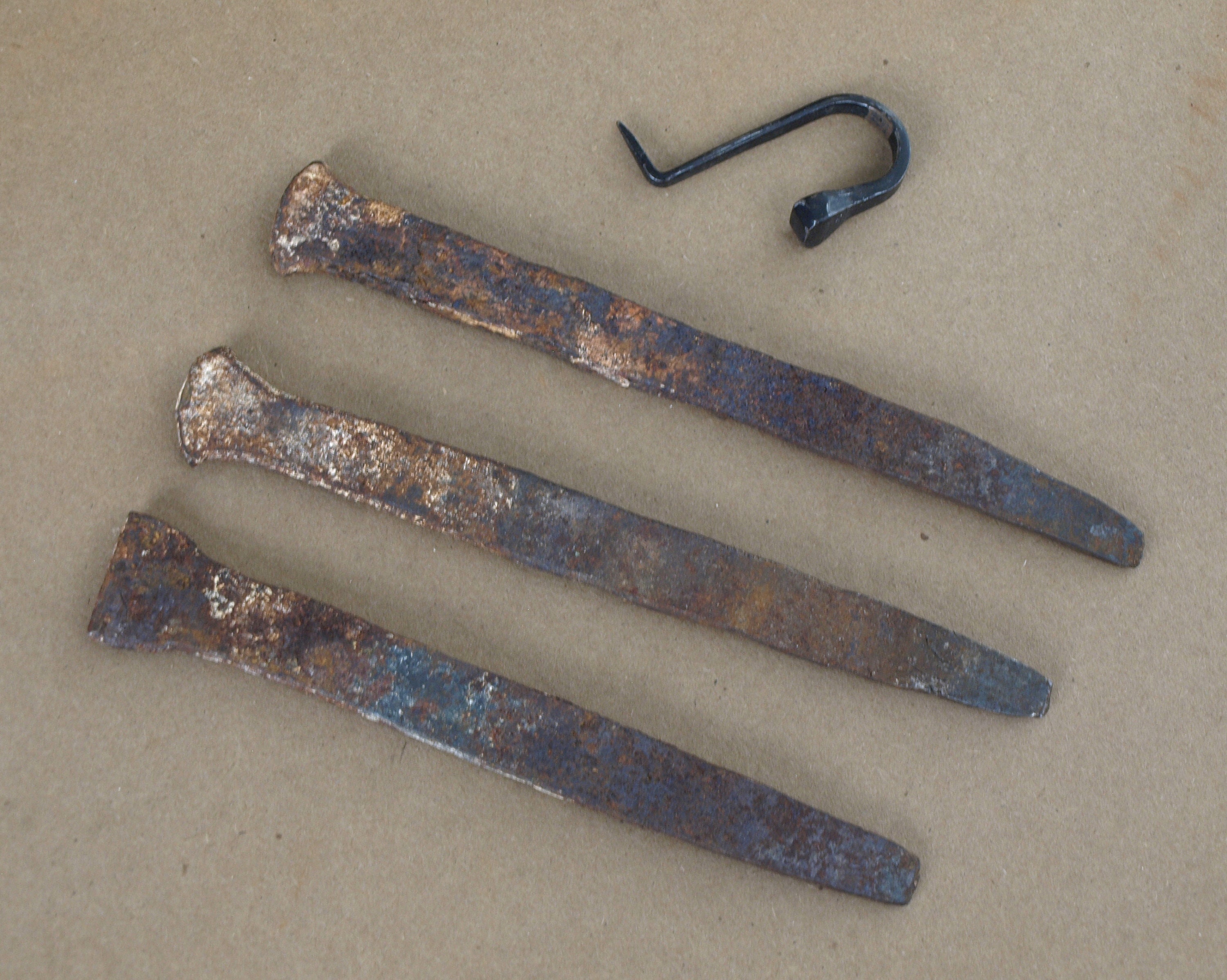 Large Antique Wrought Iron Flat / Square Nails - 5 3/4" - 6 1/2" long - set of 3 with Nail Hanging Hook