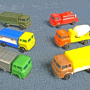 Vintage Rare Zee Plastic Toy Cargo Trucks - Fire Engine, Cement, Beverage Delivery, Dump Trash, Army / Military and Canopy Trucks - set of 6