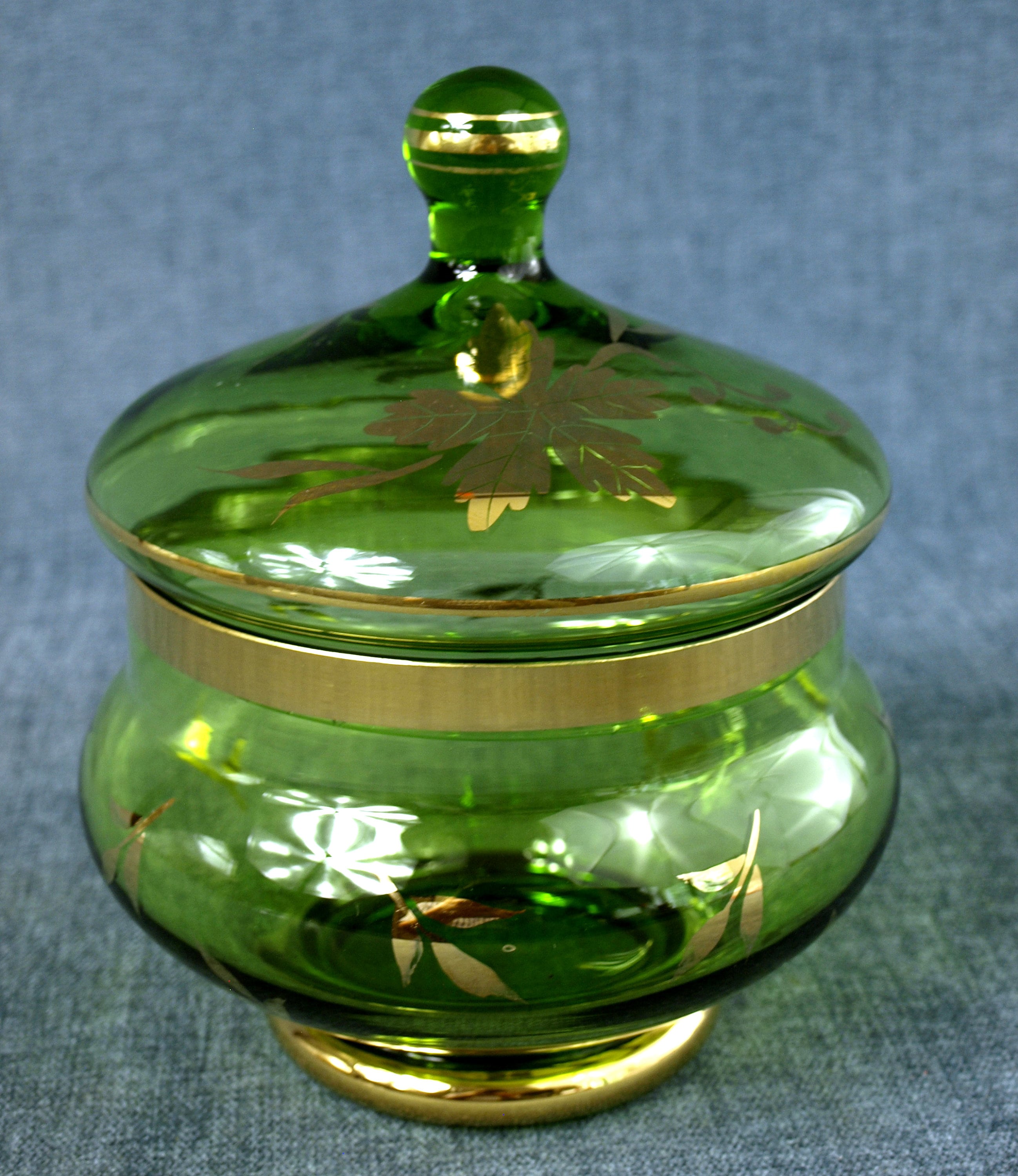 Vintage Mid Century Green Glass Candy Dish With Lid & Gold Etsy