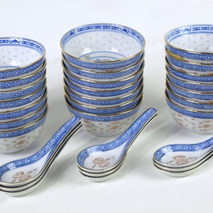 Vintage Chinese &quot;Rice Eyes&quot; Ceramic Soup Bowls & Miso Soup Spoons w/ Gold Detail - SOLD SEPARATELY - Made in China - Quantities Available