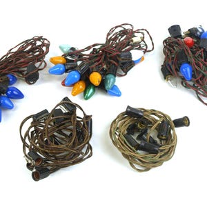 Vintage Retro Christmas C7 String Lights Glass Colored Bulbs - 5 Strands - circa 1950&#39;s - Bakelite Plug & Sockets Rope Wiring - Tested Works