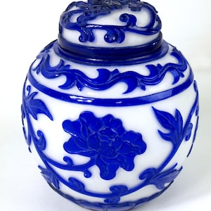 Antique Qing Dynasty Peking Cobalt & White Glass Ginger Jar, Circa 1910&#39;s - 9&quot; Tall w/ Lid in Very Good Condition - RARE